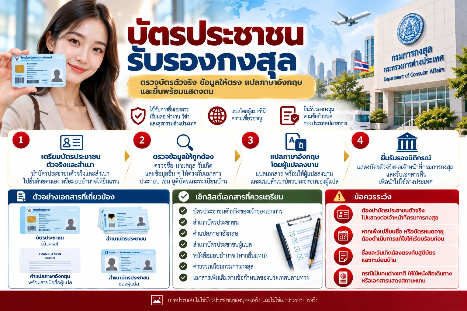 ภาพอินโฟกราฟิกขั้นตอนบัตรประชาชน รับรองกงสุล ตรวจบัตรตัวจริง สำเนา ข้อมูล คำแปล และยื่นพร้อมแสดงตน