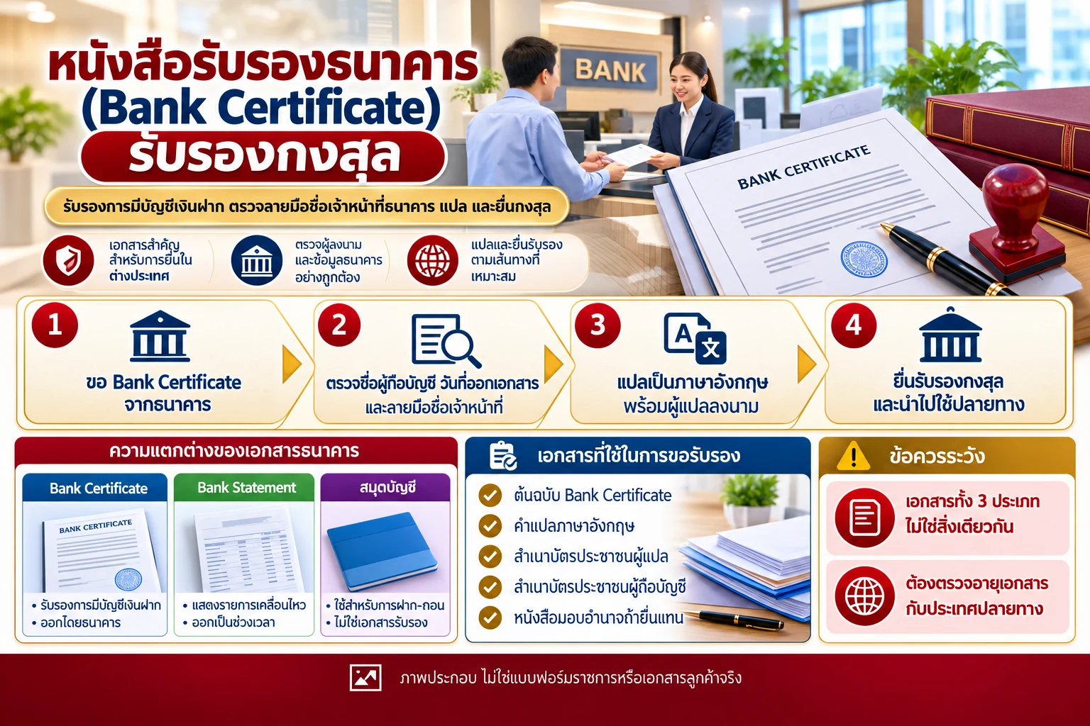 ภาพอินโฟกราฟิกขั้นตอนหนังสือรับรองธนาคาร Bank Certificate รับรองกงสุล เปรียบเทียบ Bank Statement และสมุดบัญชี