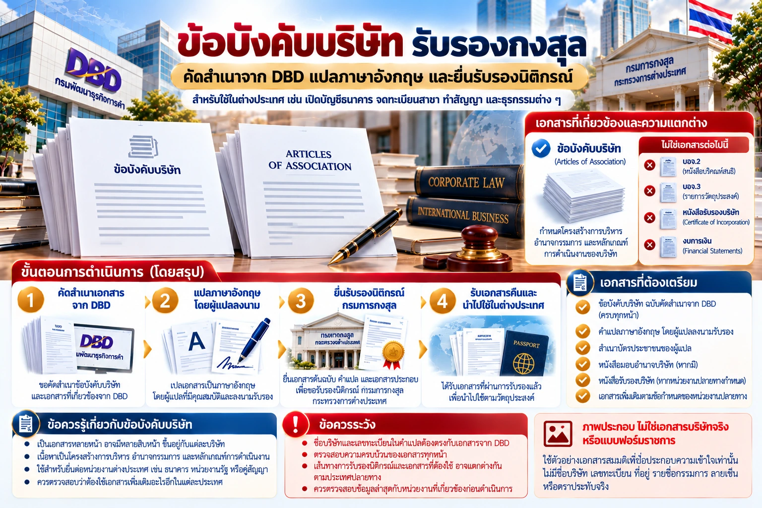 ภาพอินโฟกราฟิกข้อบังคับบริษัท รับรองกงสุล แสดงเอกสาร Articles of Association หลายหน้า DBD ขั้นตอนการแปล การยื่นกรมการกงสุล และเอกสารบริษัทที่เกี่ยวข้อง