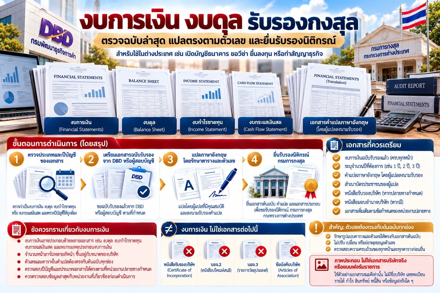 ภาพอินโฟกราฟิกงบการเงิน งบดุล รับรองกงสุล แสดง Financial Statements, Balance Sheet, Income Statement, Cash Flow Statement การตรวจปีบัญชี การแปล และการยื่นกรมการกงสุล