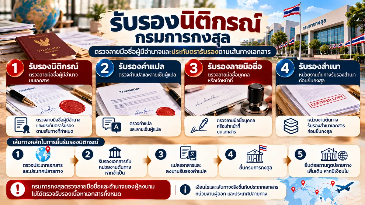 เส้นทางรับรองนิติกรณ์กรมการกงสุล ตั้งแต่รับรองนิติกรณ์ รับรองคำแปล รับรองลายมือชื่อ และรับรองสำเนา
