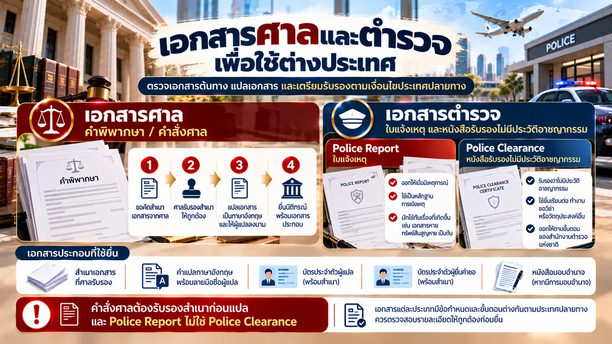 เอกสารศาลและตำรวจเพื่อใช้ต่างประเทศ แสดงเส้นทางคัดสำเนาคำสั่งศาล รับรองสำเนา แปลเอกสาร และเปรียบเทียบ Police Report กับ Police Clearance