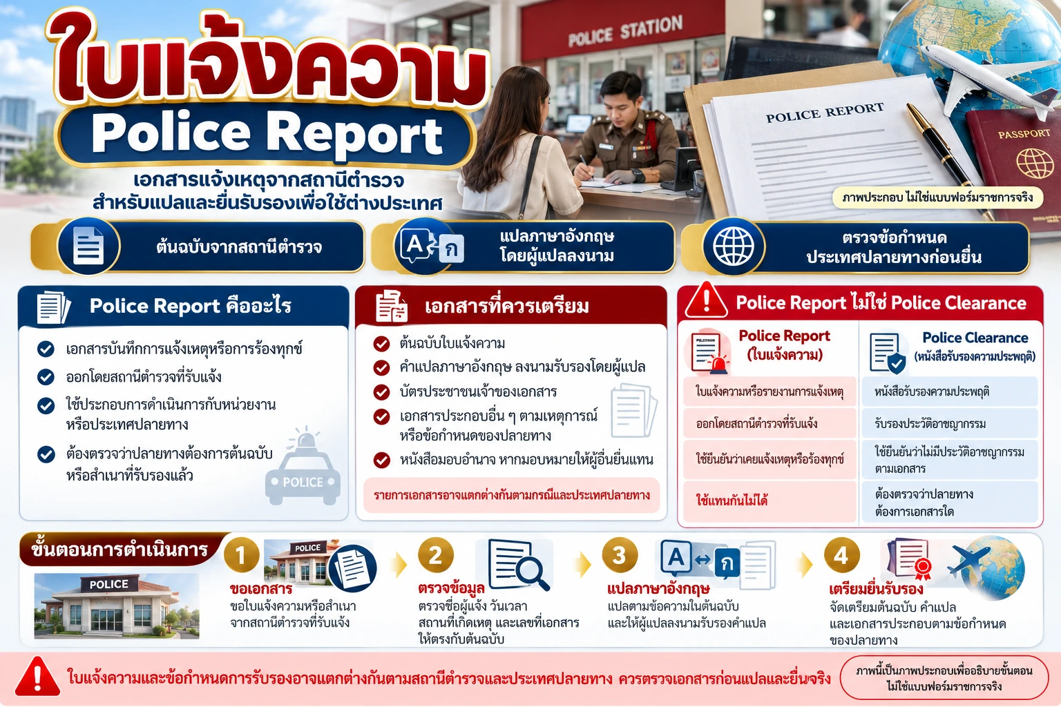 ภาพอินโฟกราฟิกใบแจ้งความ Police Report สำหรับแปลและยื่นรับรองเพื่อใช้ต่างประเทศ