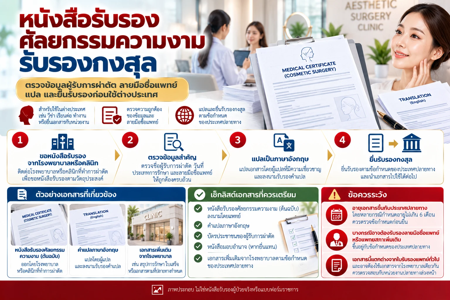 ภาพอินโฟกราฟิกขั้นตอนหนังสือรับรองศัลยกรรมความงาม รับรองกงสุล ตรวจข้อมูลผู้รับการผ่าตัด ลายมือชื่อแพทย์ และคำแปล