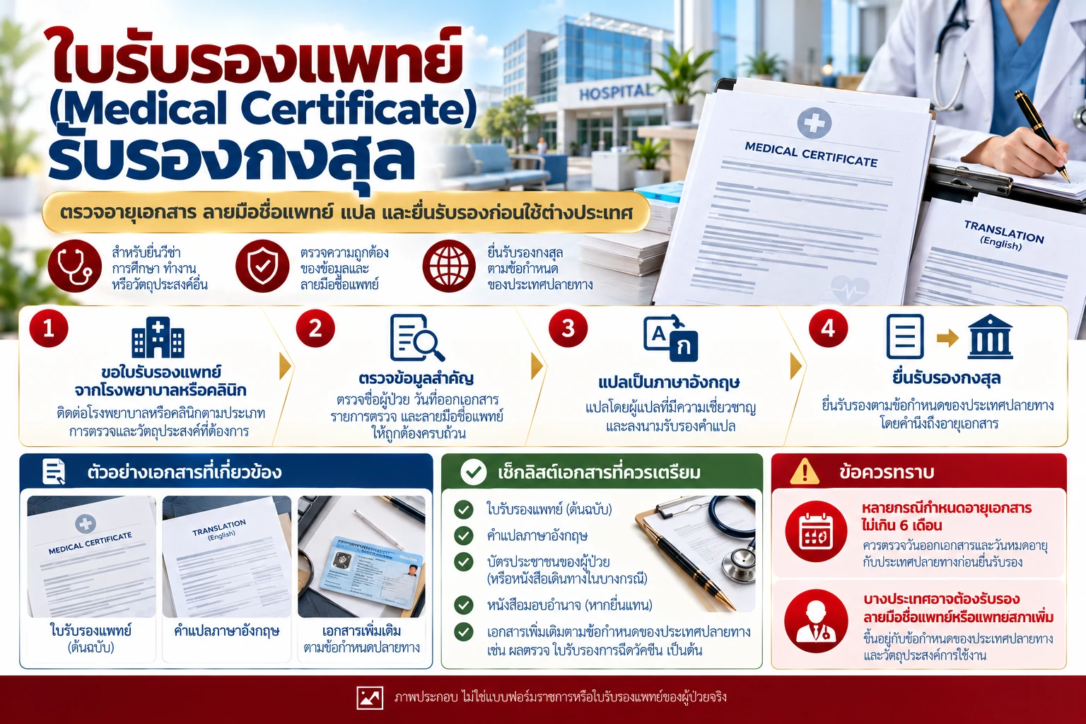 ภาพอินโฟกราฟิกขั้นตอนใบรับรองแพทย์ Medical Certificate รับรองกงสุล ตรวจอายุเอกสาร ลายมือชื่อแพทย์ และคำแปล