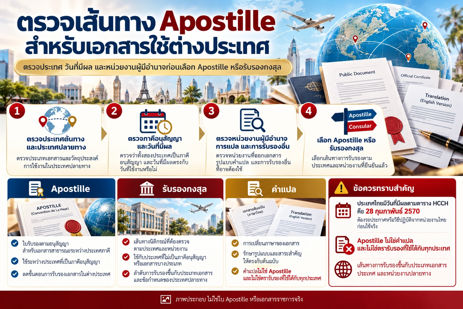 ภาพอินโฟกราฟิกตรวจเส้นทาง Apostille เปรียบเทียบ Apostille การรับรองกงสุล และคำแปล พร้อมตรวจประเทศและวันที่มีผล