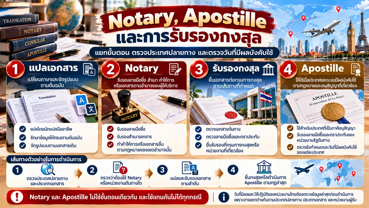 ขั้นตอนแปลเอกสาร รับรอง Notary รับรองกงสุล และตรวจเงื่อนไข Apostille ตามประเทศปลายทาง