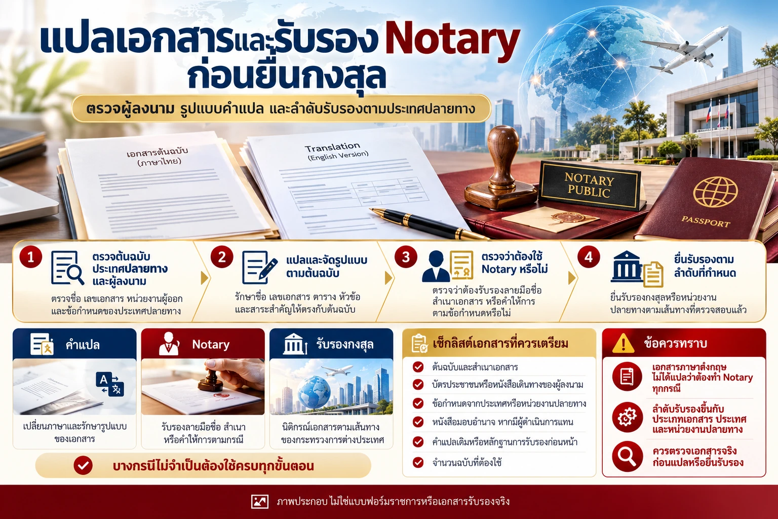 ภาพอินโฟกราฟิกขั้นตอนแปลเอกสารและตรวจการรับรอง Notary ก่อนยื่นกงสุล แสดงต้นฉบับ คำแปล เช็กลิสต์ และลำดับรับรอง