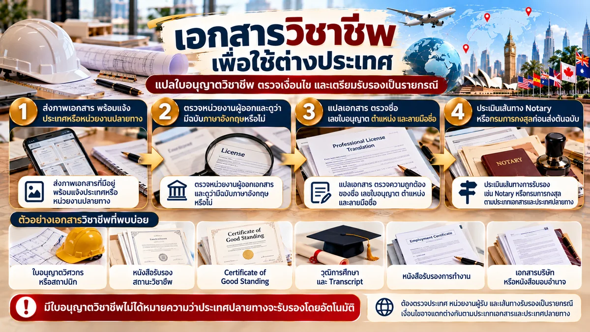 เอกสารวิชาชีพเพื่อใช้ต่างประเทศ ตั้งแต่ส่งเอกสาร ตรวจหน่วยงานผู้ออก แปล และประเมินเส้นทาง Notary หรือกรมการกงสุล