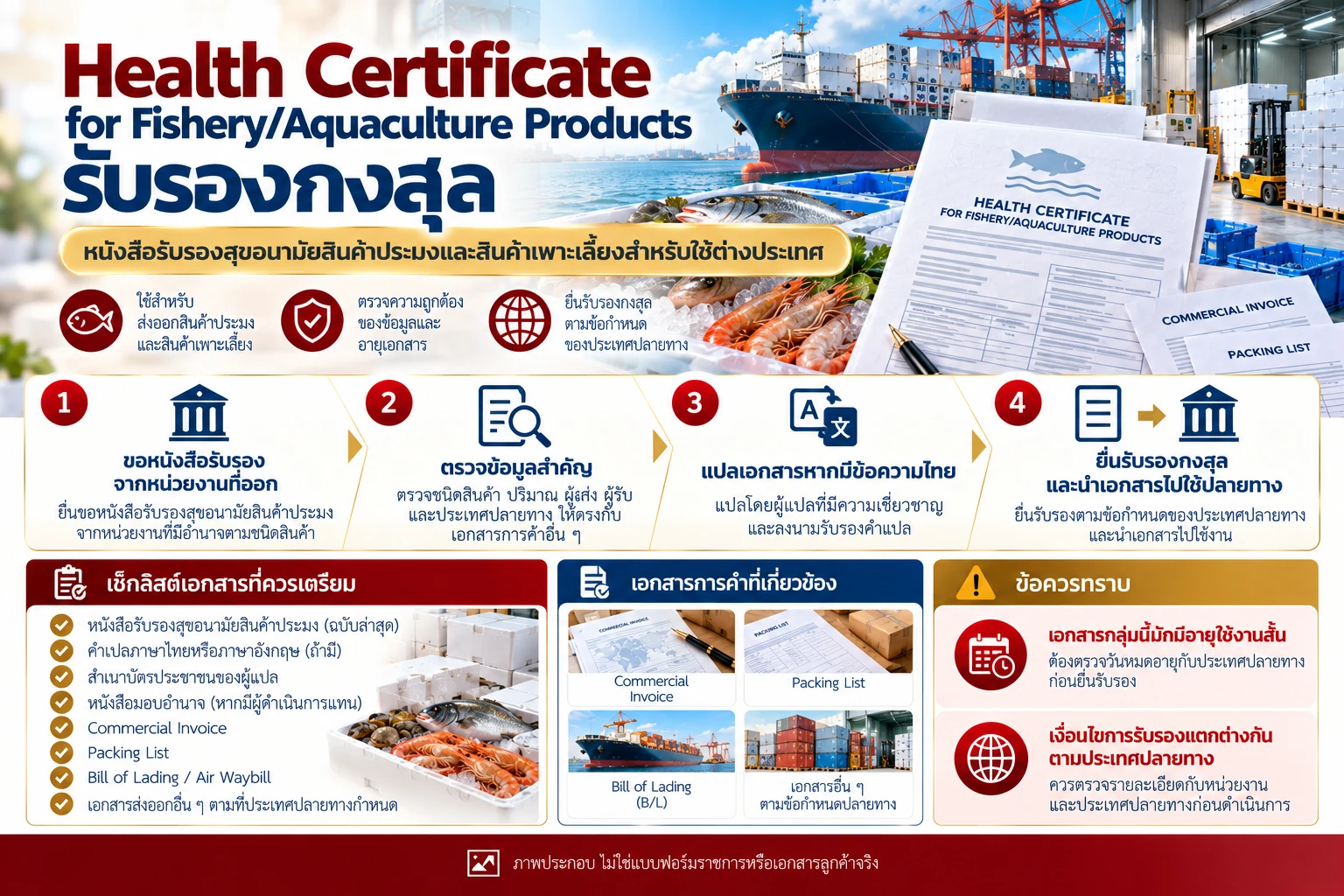 ภาพอินโฟกราฟิกขั้นตอน Health Certificate for Fishery/Aquaculture Products รับรองกงสุล ตรวจสินค้าและอายุเอกสารประมง