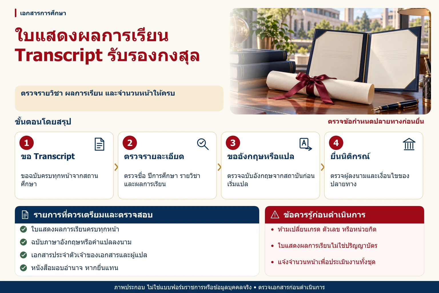 ภาพอินโฟกราฟิกใบแสดงผลการเรียน/Transcript รับรองกงสุล พร้อมขั้นตอน รายการตรวจสอบ และข้อควรระวัง