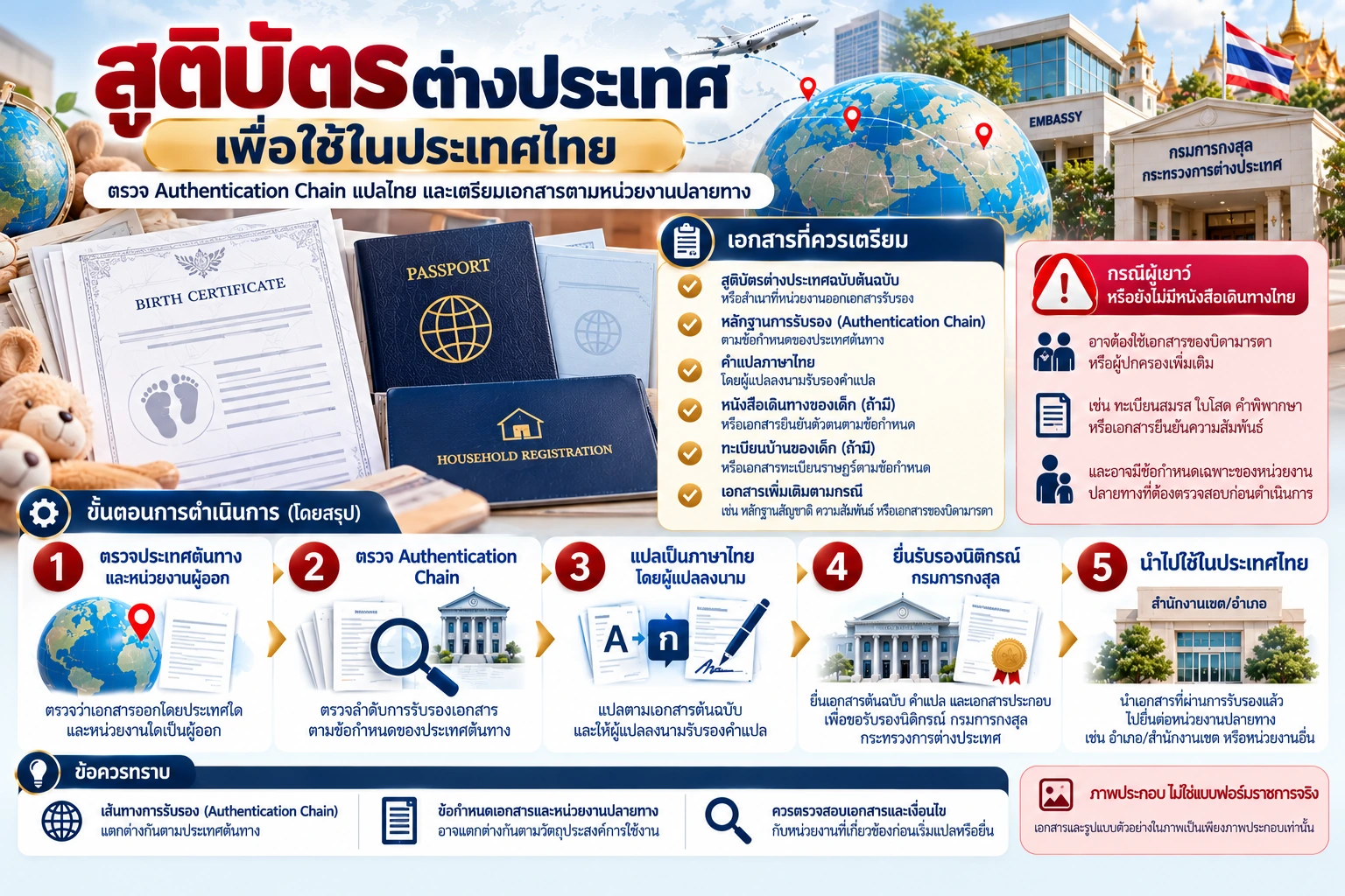 ภาพอินโฟกราฟิกสูติบัตรต่างประเทศเพื่อใช้ในประเทศไทย แสดง Birth Certificate, Passport, ทะเบียนบ้าน เอกสารที่ต้องเตรียม และขั้นตอน Authentication