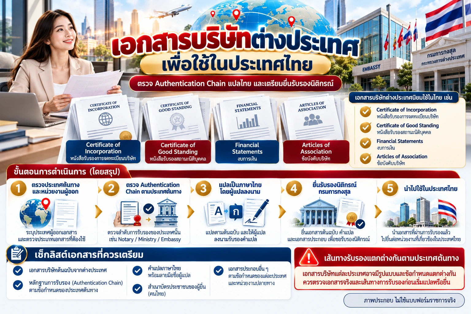 ภาพอินโฟกราฟิกเอกสารบริษัทต่างประเทศเพื่อใช้ในประเทศไทย แสดง Certificate of Incorporation, Certificate of Good Standing, Financial Statements, Articles of Association และขั้นตอน Authentication