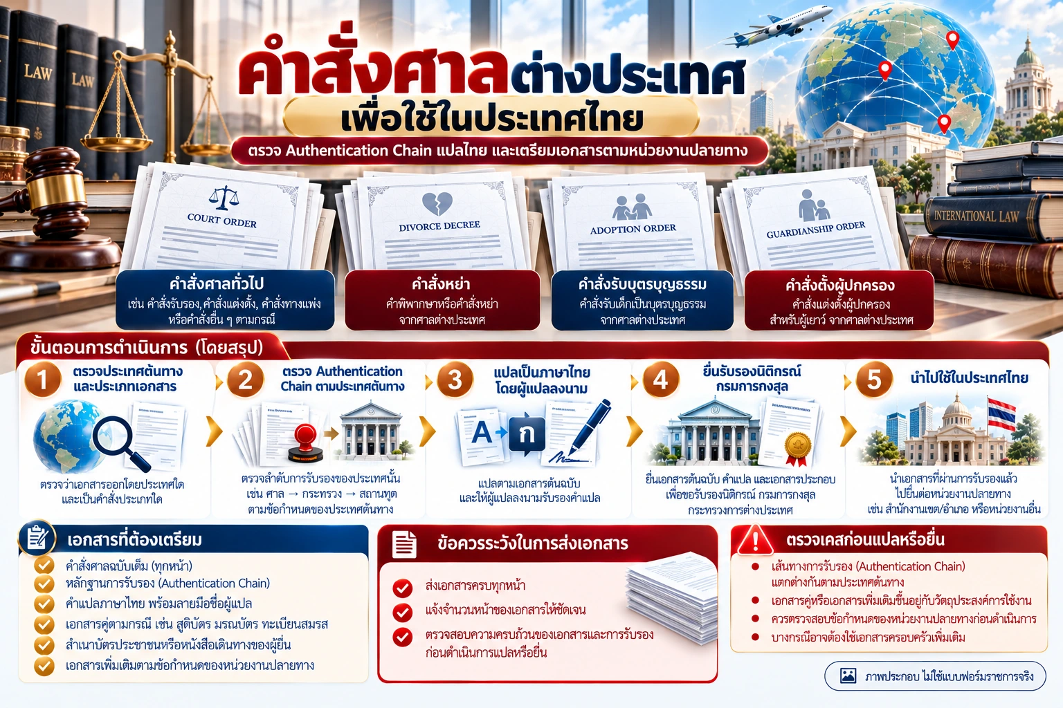 ภาพอินโฟกราฟิกคำสั่งศาลต่างประเทศเพื่อใช้ในประเทศไทย แสดงคำสั่งศาลทั่วไป คำสั่งหย่า คำสั่งรับบุตรบุญธรรม คำสั่งตั้งผู้ปกครอง และขั้นตอน Authentication