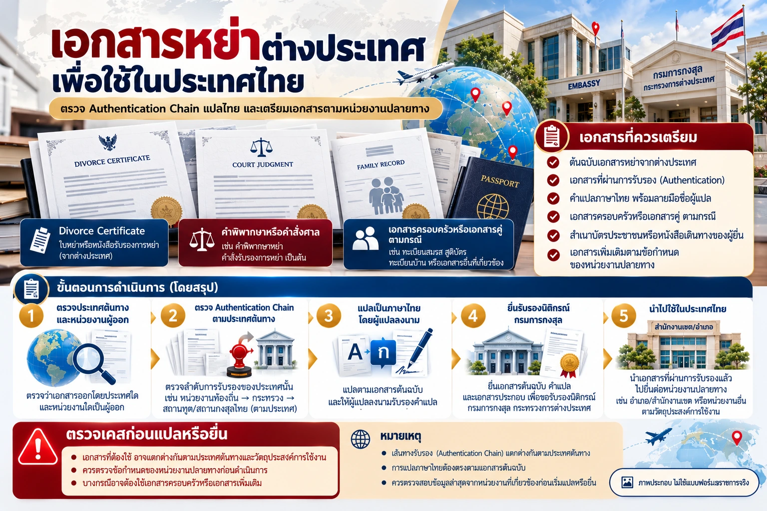 ภาพอินโฟกราฟิกใบหย่าต่างประเทศเพื่อใช้ในประเทศไทย แสดง Divorce Certificate, Court Judgment, เอกสารครอบครัว และขั้นตอนตรวจ Authentication ก่อนแปลหรือยื่น