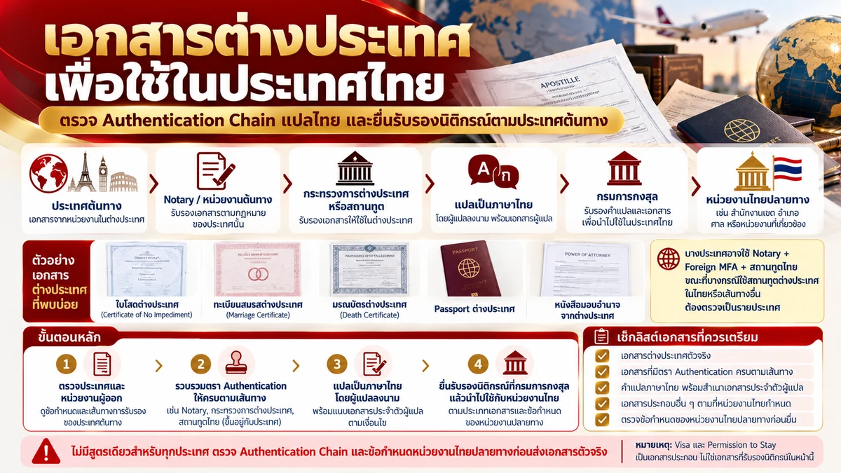 เส้นทางรับรองเอกสารต่างประเทศเพื่อใช้ในประเทศไทย ตั้งแต่การรับรองจากประเทศต้นทาง แปลภาษาไทย ยื่นกรมการกงสุล และนำไปใช้กับหน่วยงานไทย