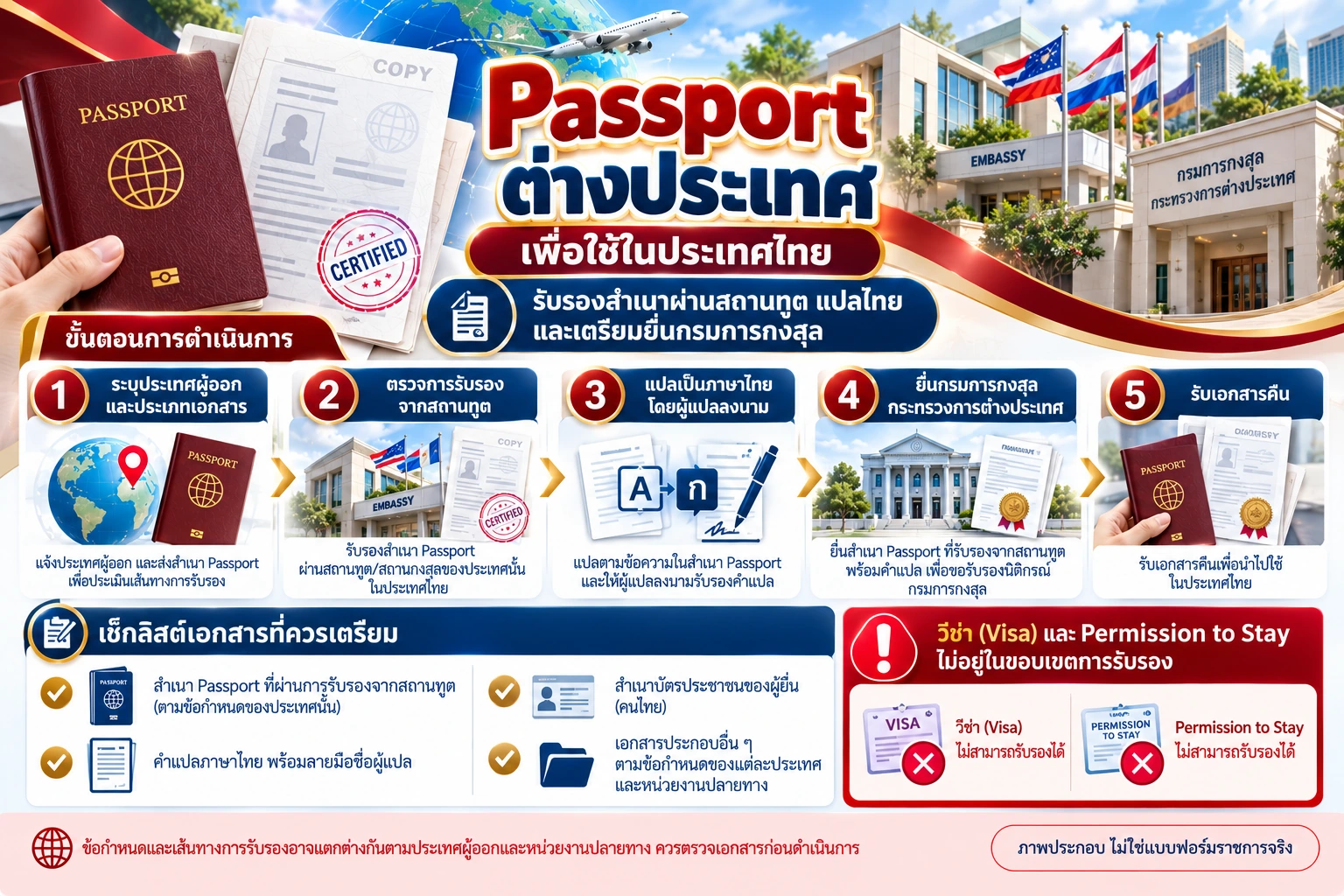 ภาพอินโฟกราฟิก Passport ต่างประเทศเพื่อใช้ในประเทศไทย แสดงขั้นตอนรับรองสำเนาผ่านสถานทูต การแปลไทย และการยื่นกรมการกงสุล