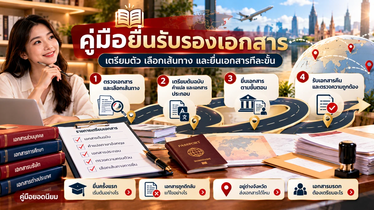 ภาพรวมคู่มือยื่นรับรองเอกสาร ตั้งแต่ตรวจเอกสาร เตรียมต้นฉบับ ยื่นตามขั้นตอน และรับเอกสารคืน