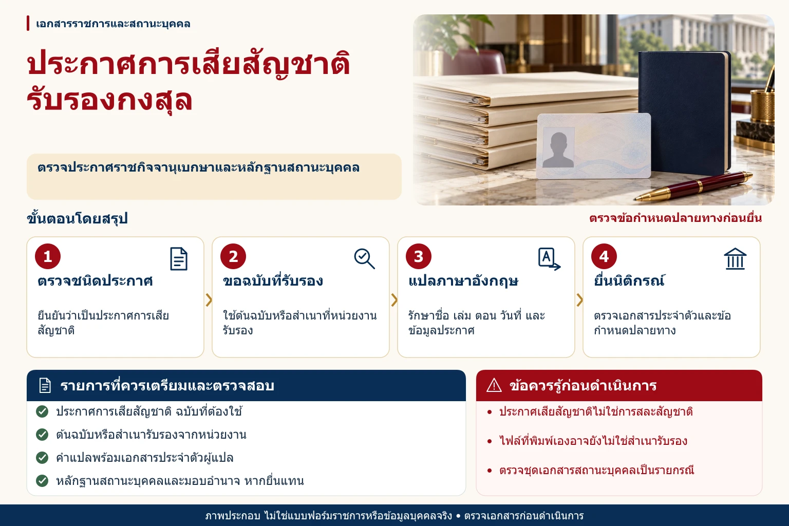 ภาพอินโฟกราฟิกประกาศเสียสัญชาติ ราชกิจจานุเบกษา ไม่ใช่การสละสัญชาติ พร้อมขั้นตอน รายการตรวจสอบ และข้อควรระวัง