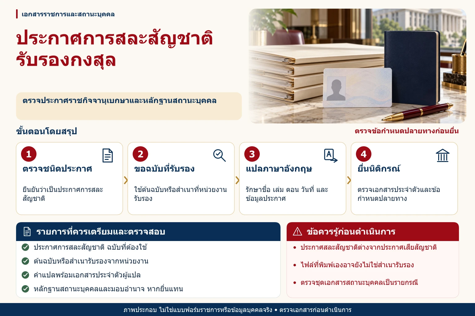 ภาพอินโฟกราฟิกประกาศสละสัญชาติ ราชกิจจานุเบกษา รับรองกงสุลคู่หนังสือเดินทาง พร้อมขั้นตอน รายการตรวจสอบ และข้อควรระวัง