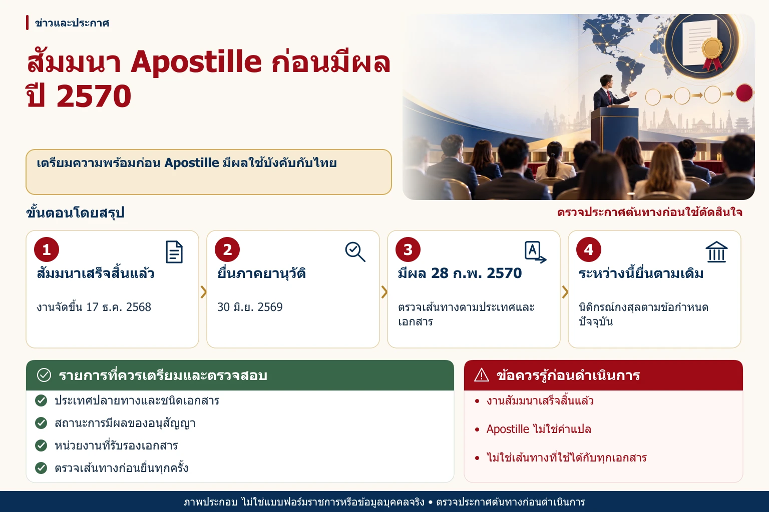 ภาพสัมมนาความรู้เรื่องอนุสัญญา Apostille พร้อมเส้นเวลาที่ไทยมีผลใช้บังคับ 28 กุมภาพันธ์ 2570