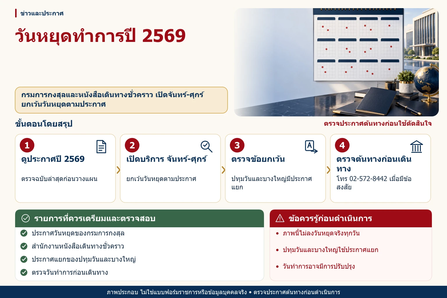 ปฏิทินปี 2569 สำหรับวันหยุดทำการของกรมการกงสุลและสำนักงานหนังสือเดินทางชั่วคราว พร้อมข้อยกเว้นปทุมวันและบางใหญ่