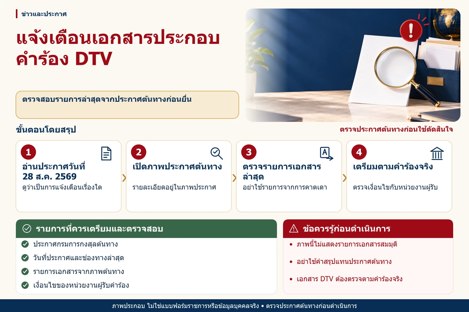 แผงแจ้งเตือนเอกสารประกอบคำร้องตรวจลงตรา DTV พร้อมข้อความให้ตรวจสอบรายการล่าสุดจากประกาศกรมการกงสุล