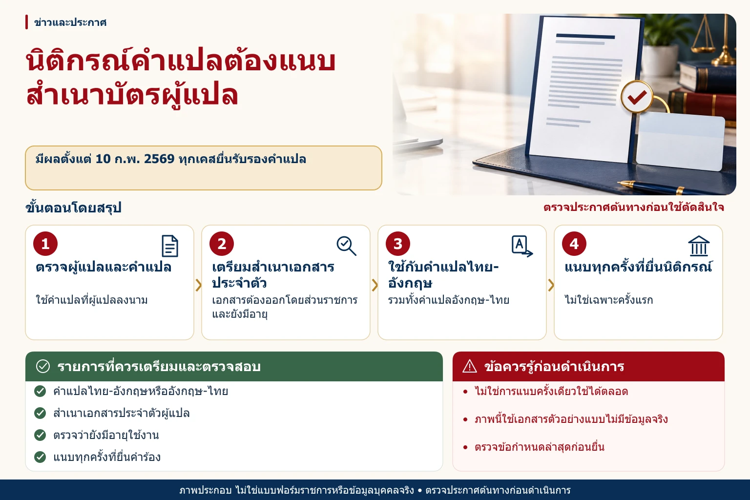 เอกสารคำแปลวางคู่กับสำเนาบัตรประจำตัวผู้แปล พร้อมข้อความว่าต้องแนบสำเนาทุกครั้งที่ยื่นรับรองนิติกรณ์ ตั้งแต่ 10 กุมภาพันธ์ 2569