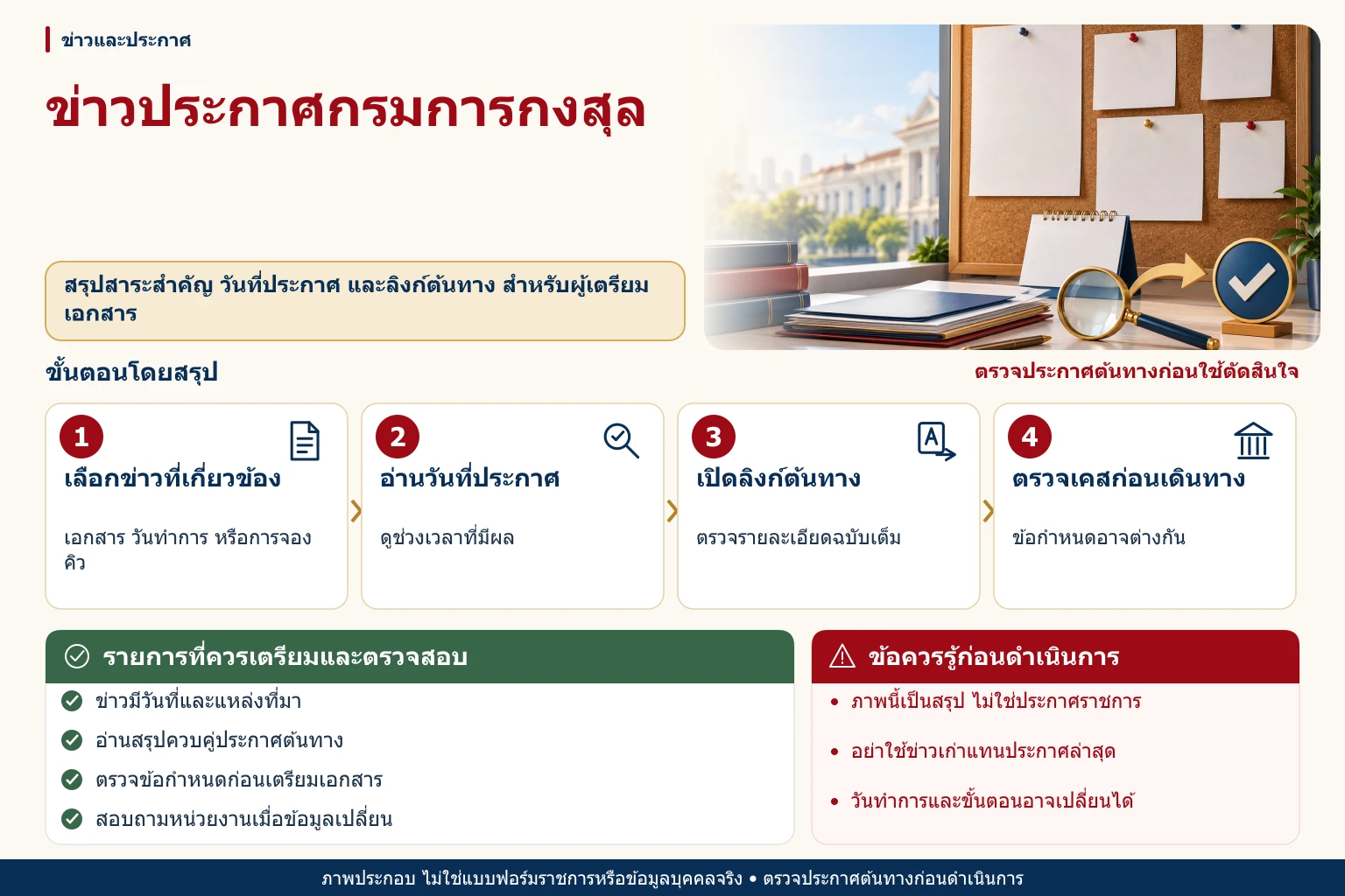 หน้ารวมข่าวประกาศกรมการกงสุลที่เกี่ยวกับการเตรียมเอกสาร แสดงตัวอย่างประกาศ ปฏิทิน และลิงก์ตรวจสอบต้นทาง