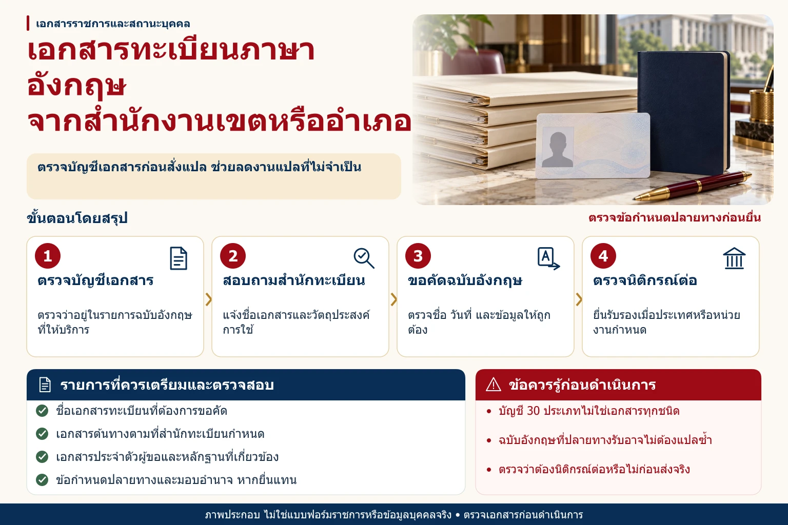 ภาพอินโฟกราฟิกขอเอกสารทะเบียนภาษาอังกฤษจากสำนักงานเขต/อำเภอ (30 ประเภท) พร้อมขั้นตอน รายการตรวจสอบ และข้อควรระวัง