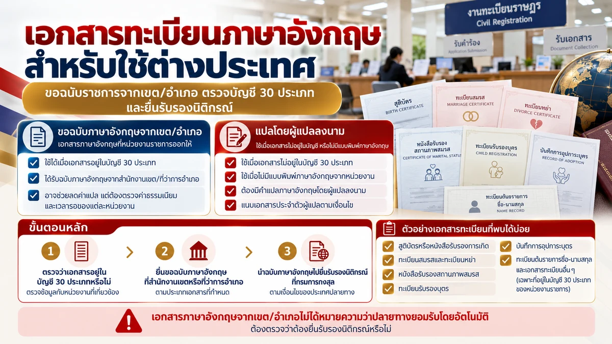 เอกสารทะเบียนภาษาอังกฤษจากสำนักงานเขตหรืออำเภอสำหรับใช้ต่างประเทศ พร้อมขั้นตอนตรวจบัญชี 30 ประเภทและยื่นรับรองนิติกรณ์