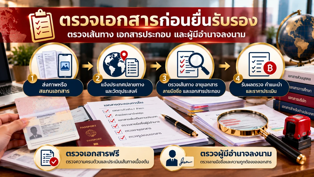 ภาพขั้นตอนตรวจเอกสารก่อนยื่นรับรอง ตั้งแต่ส่งเอกสาร แจ้งประเทศปลายทาง ตรวจเส้นทาง และรับคำแนะนำ