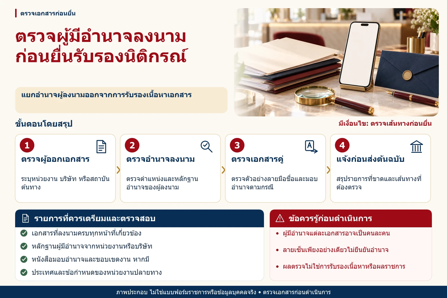 ภาพอินโฟกราฟิกตรวจผู้มีอำนาจลงนามก่อนยื่นรับรองนิติกรณ์ พร้อมขั้นตอน รายการตรวจสอบ และข้อควรระวัง