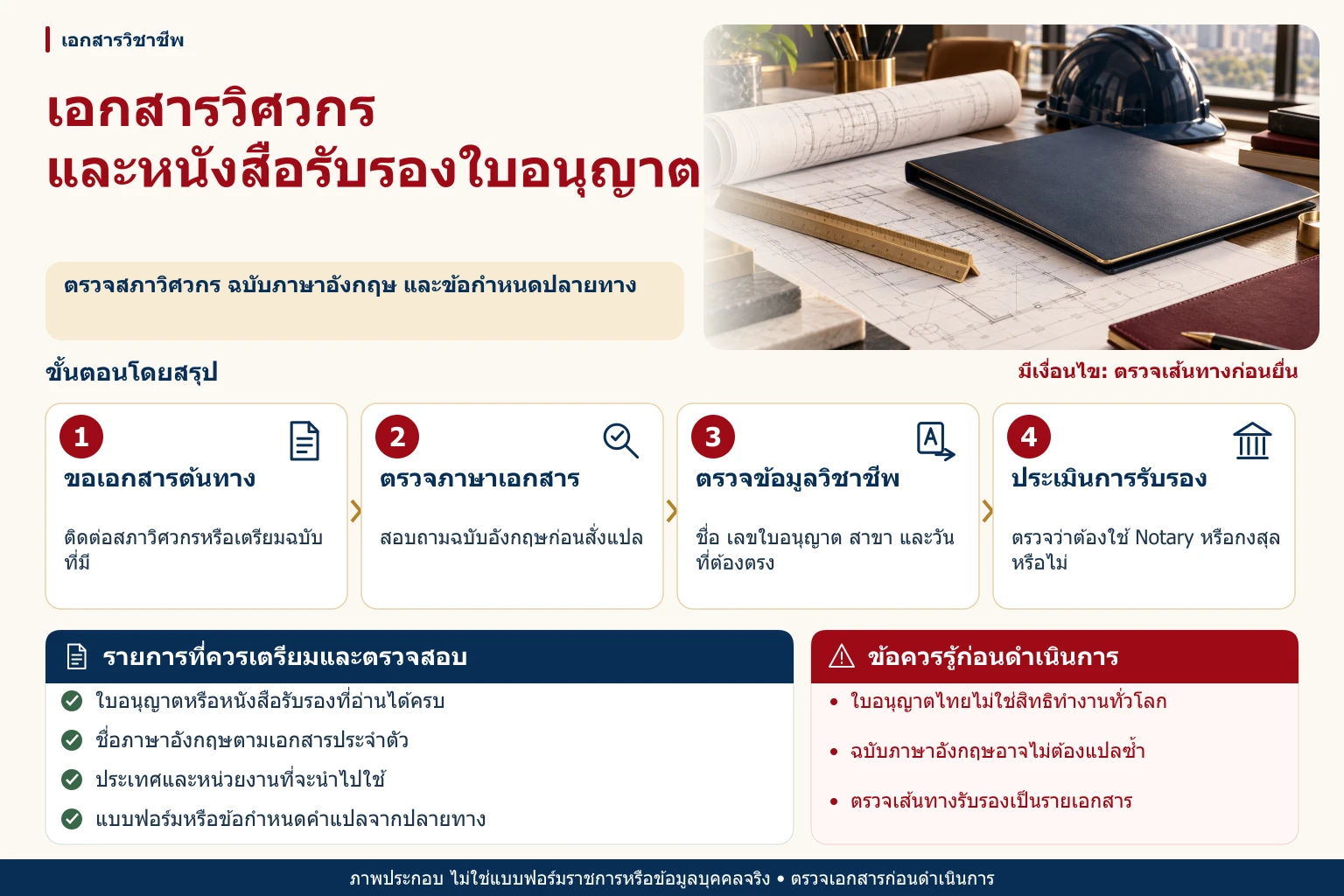 ภาพอินโฟกราฟิกเอกสารวิศวกรและหนังสือรับรองใบอนุญาต พร้อมขั้นตอน รายการตรวจสอบ และข้อควรระวัง