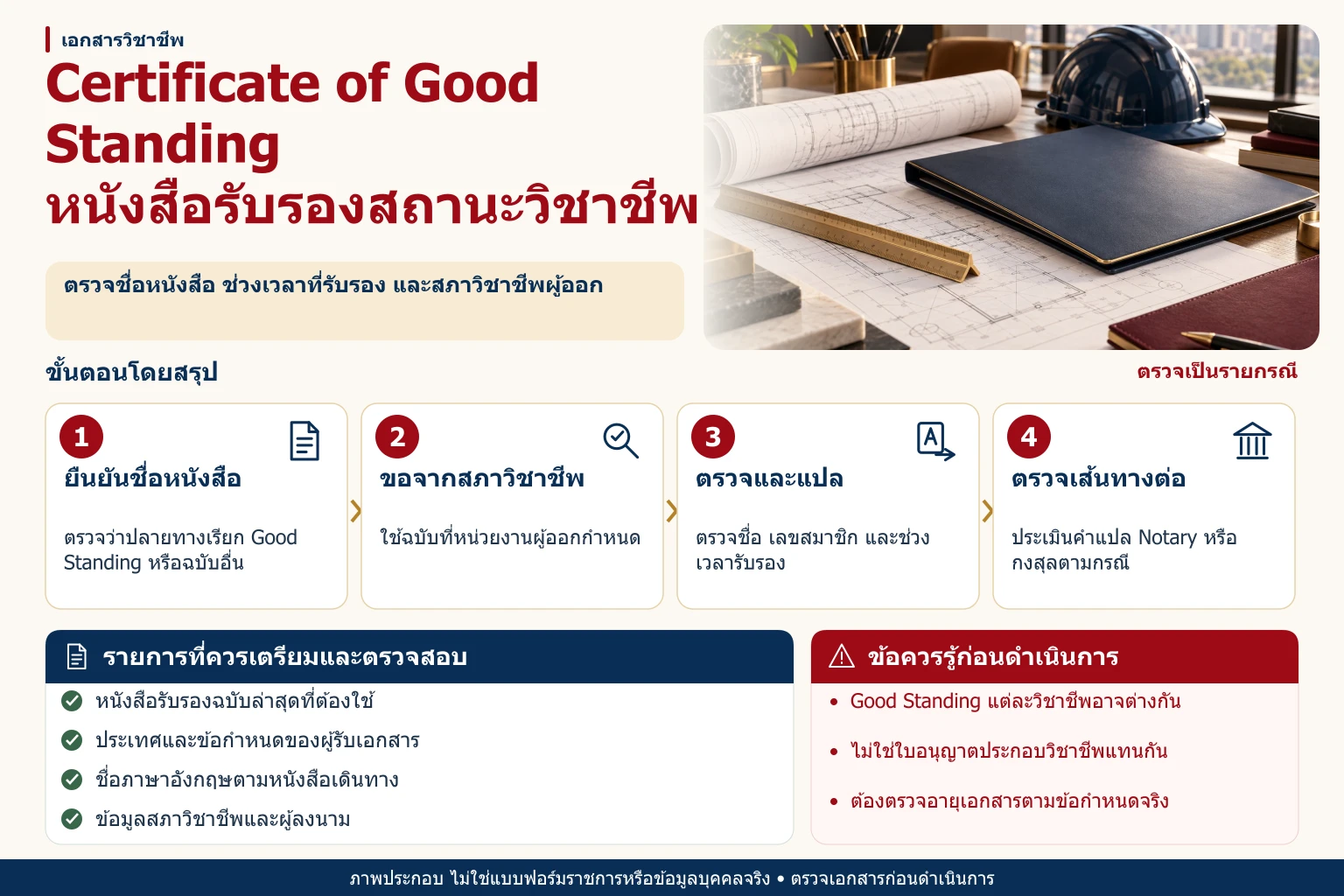 ภาพอินโฟกราฟิก Certificate of Good Standing และหนังสือรับรองสถานะวิชาชีพ พร้อมขั้นตอน รายการตรวจสอบ และข้อควรระวัง