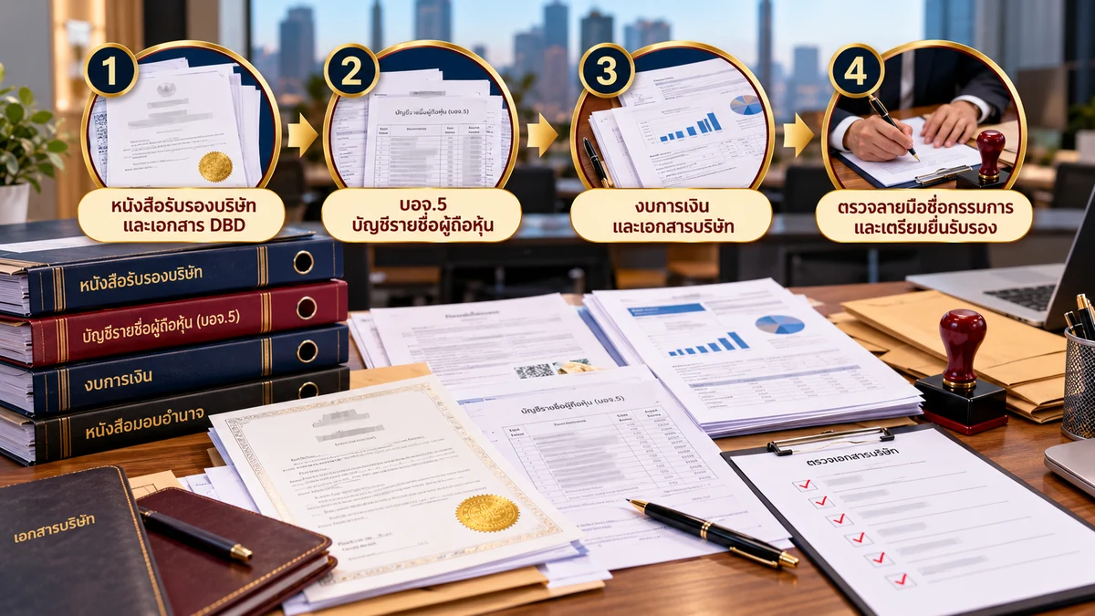 ภาพประกอบการรับแปลและยื่นรับรองเอกสารบริษัท หนังสือรับรอง DBD บอจ.5 งบการเงิน และการตรวจลายมือชื่อกรรมการ