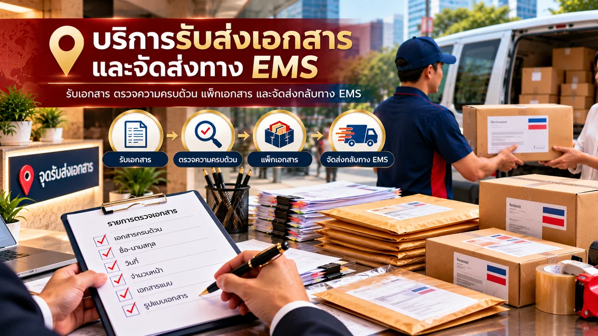 ภาพประกอบบริการรับส่งเอกสาร ตรวจความครบถ้วน แพ็กเอกสาร และจัดส่งกลับทาง EMS