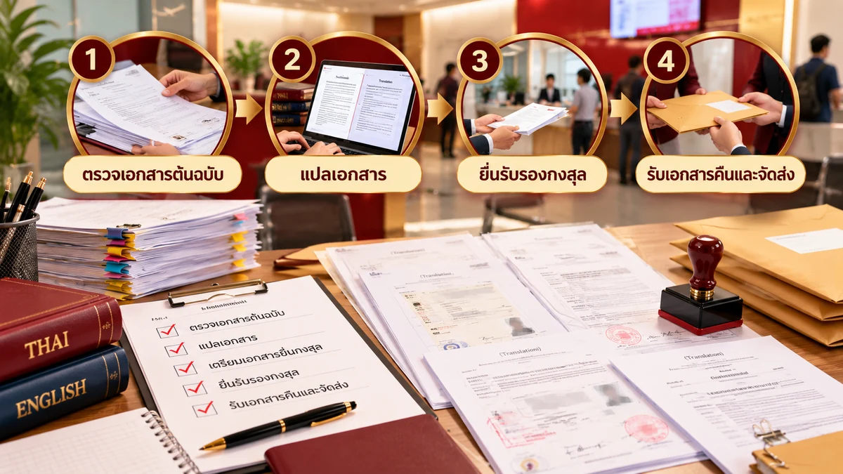 ภาพประกอบการรับแปลและยื่นรับรองเอกสารครบวงจร ตั้งแต่ตรวจเอกสาร แปล ยื่นรับรองกงสุล และรับเอกสารคืน