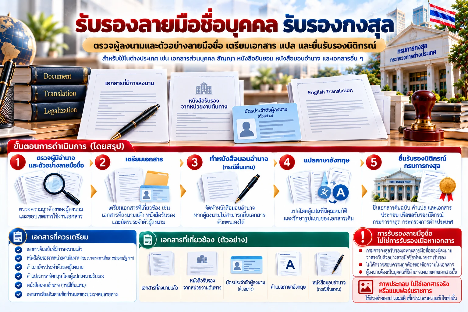 ภาพอินโฟกราฟิกรับรองลายมือชื่อบุคคล รับรองกงสุล แสดงการตรวจผู้ลงนาม ตัวอย่างลายมือชื่อ เอกสารประกอบ คำแปลภาษาอังกฤษ และการยื่นกรมการกงสุล