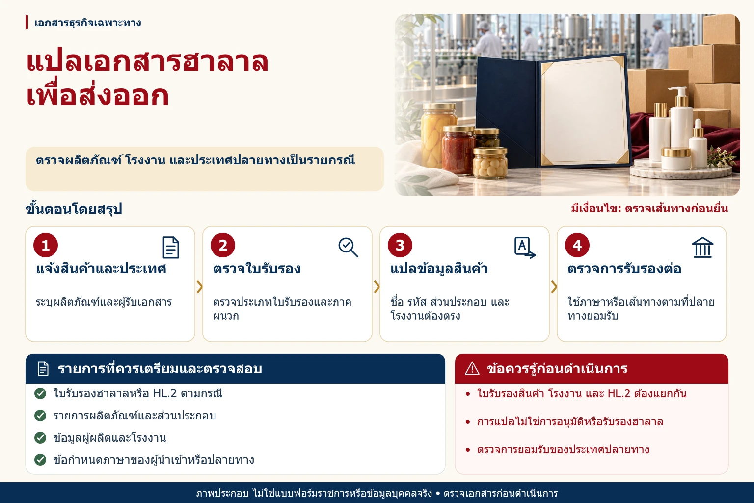 ภาพอินโฟกราฟิกแปลเอกสารฮาลาลเพื่อส่งออก พร้อมขั้นตอน รายการตรวจสอบ และข้อควรระวัง