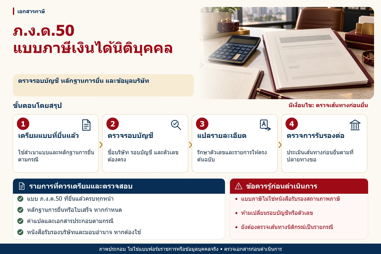 ภาพอินโฟกราฟิกภ.ง.ด.50 แบบภาษีเงินได้นิติบุคคล รับรองกงสุล พร้อมขั้นตอน รายการตรวจสอบ และข้อควรระวัง