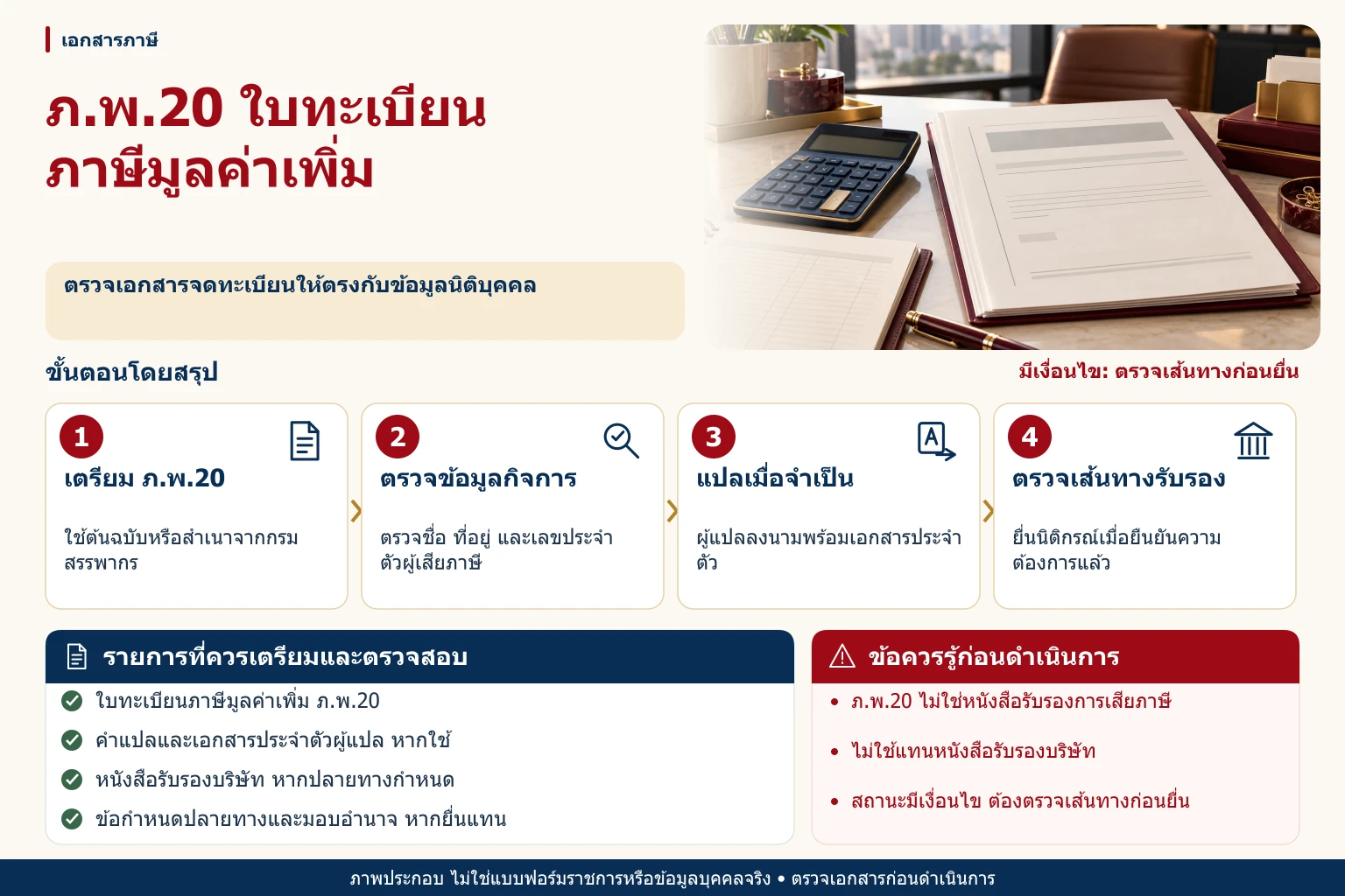ภาพอินโฟกราฟิกภ.พ.20 ใบทะเบียนภาษีมูลค่าเพิ่ม รับรองกงสุล พร้อมขั้นตอน รายการตรวจสอบ และข้อควรระวัง