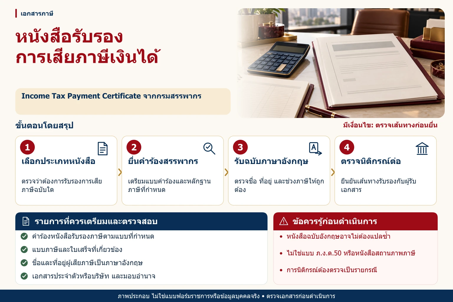 ภาพอินโฟกราฟิกหนังสือรับรองการเสียภาษีเงินได้ (Income Tax Payment Certificate) พร้อมขั้นตอน รายการตรวจสอบ และข้อควรระวัง