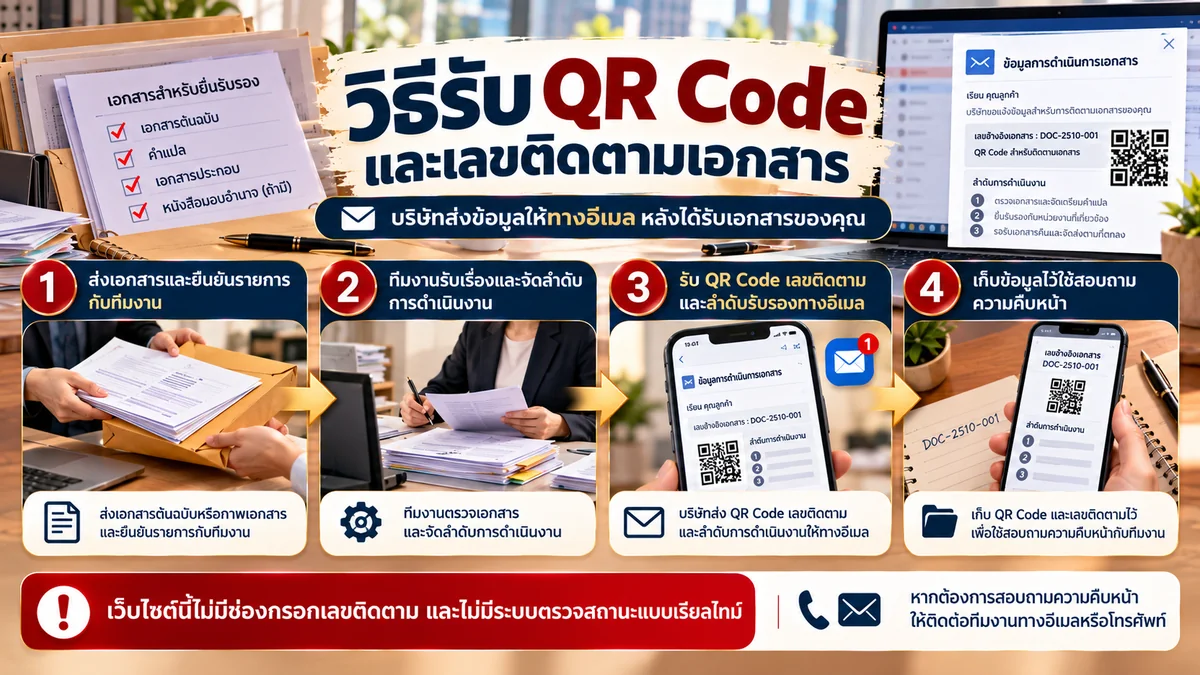 คู่มือรับ QR Code เลขติดตาม และลำดับการดำเนินงานทางอีเมล ตั้งแต่ส่งเอกสารจนติดต่อสอบถามความคืบหน้า